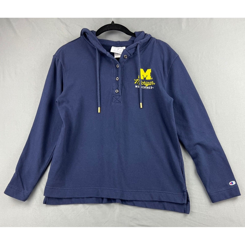 Michigan Wolverines Champion Hoodie Womens Medium Navy Blue Henley Sweatshirt